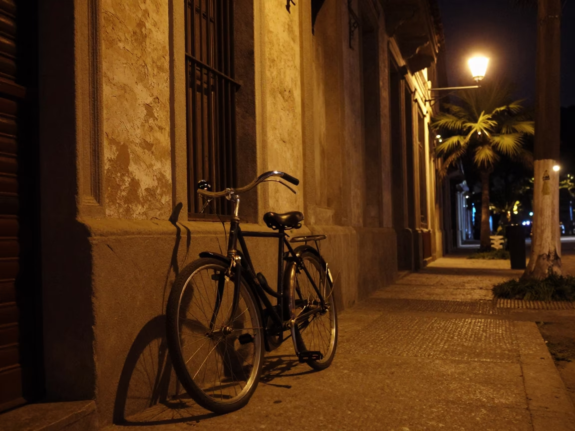 Nighttime Buenos Aires Street Scene with Vintage Bicycle and Palm Trees in in Buenos Aires, Argentina