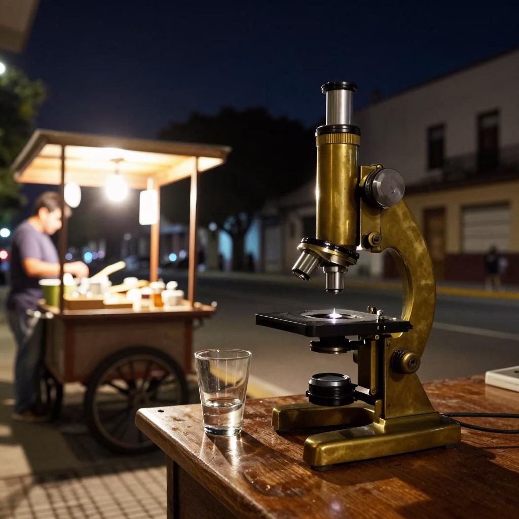 Nighttime Buenos Aires Street Scene with Vintage Brass Microscope and Glass Jar in in Buenos Aires, Argentina