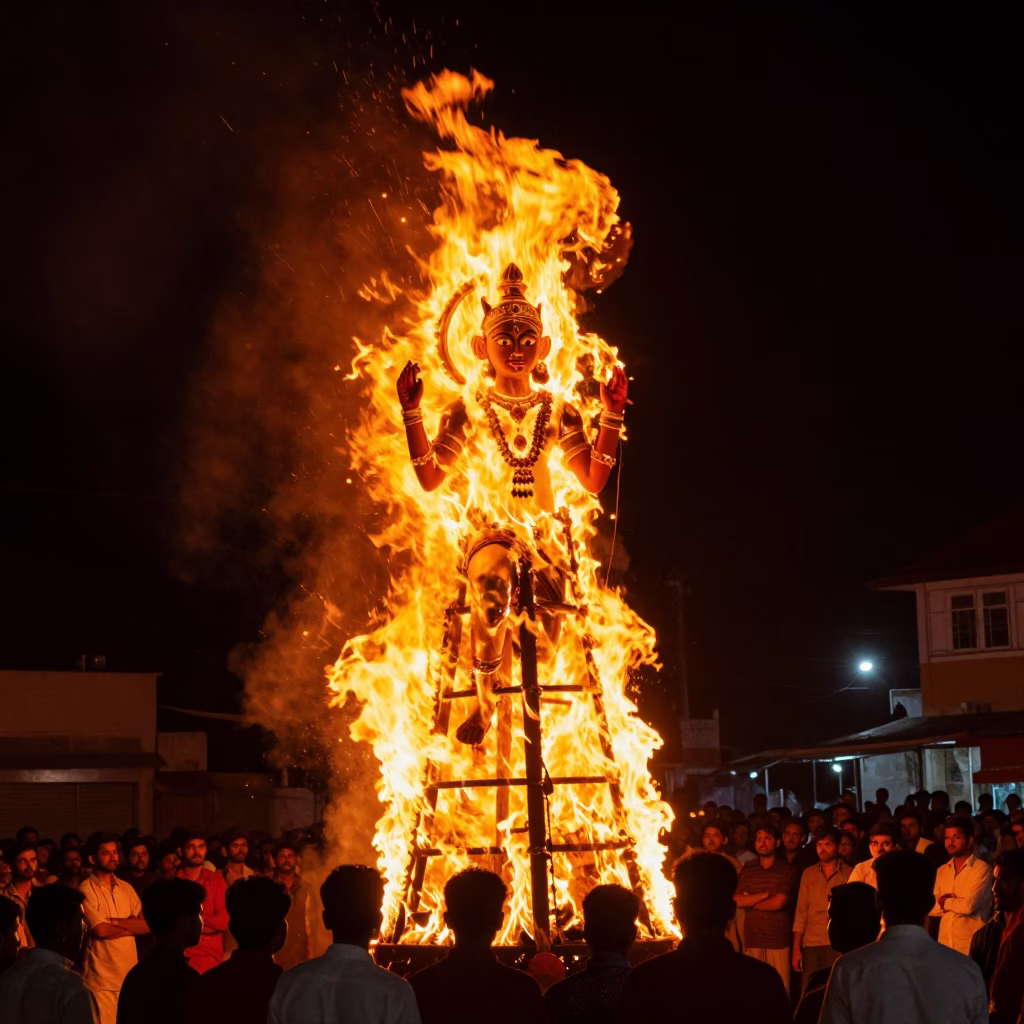 Nighttime Burning of Ravana Effigy in Kochi India Dussehra Celebration in in Kochi, India