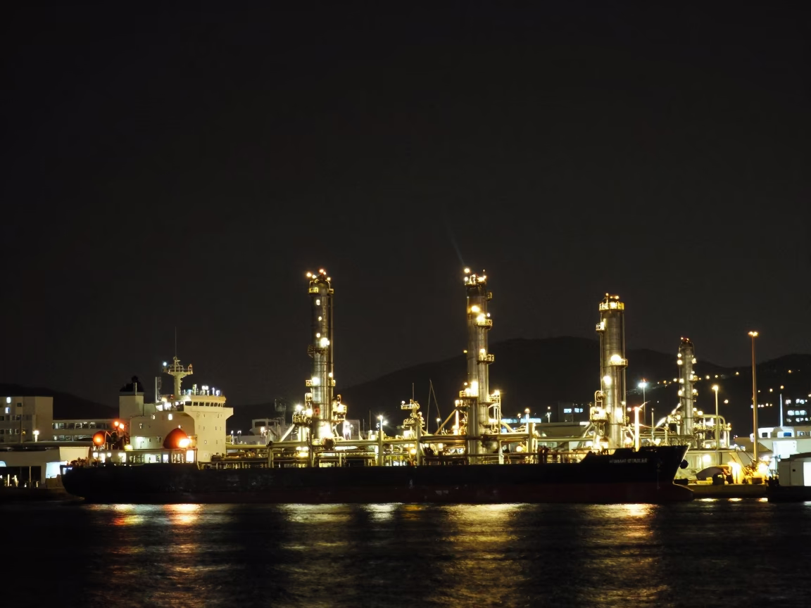 Nighttime Busan Harbor Industrial Scene with Tanker Ship Refinery Dock and Dark Sky in in Busan, South Korea