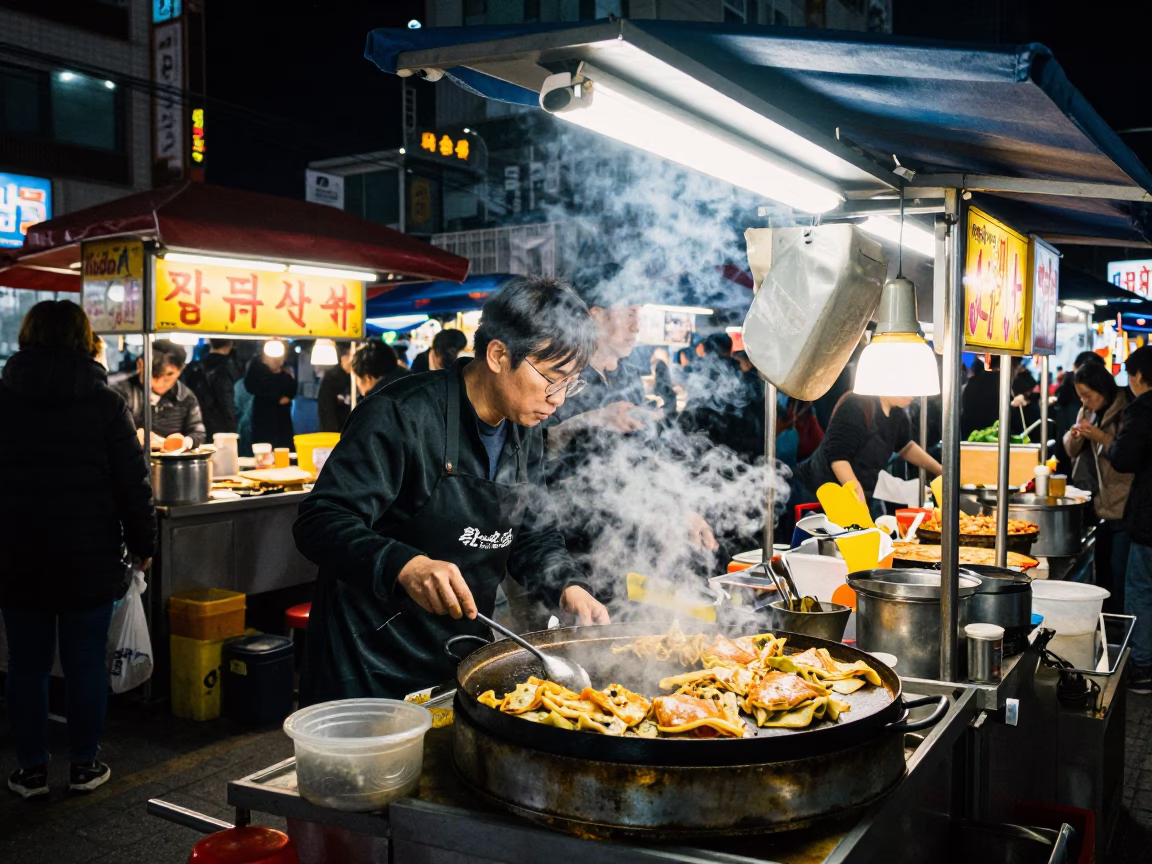 Nighttime Busan Street Food Stall with Sizzling Pan and Cooler Jug in in Busan, South Korea