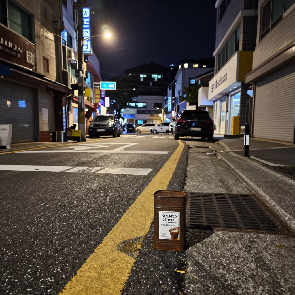 Nighttime Busan Street Scene with Coffee Tin and Urban Details in in Busan, South Korea