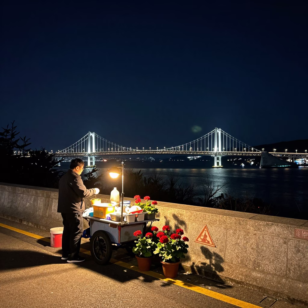Nighttime Busan Street Scene with Glowing Suspension Bridge and Potted Geraniums in in Busan, South Korea