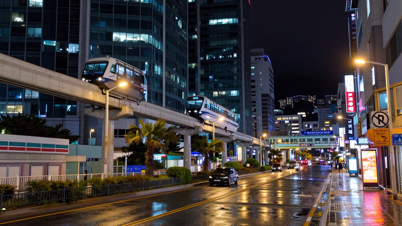 Nighttime Busan Street Scene with Monorail and Glass Towers in in Busan, South Korea