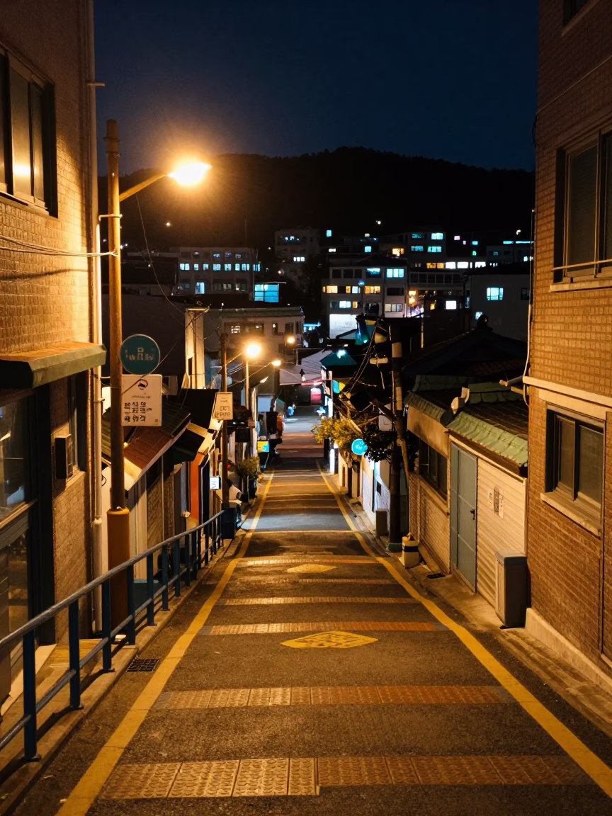 Nighttime Busan Street Scene with Stair Rail and Urban Lighting in in Busan, South Korea