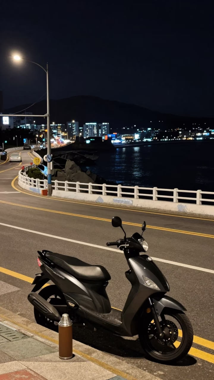 Nighttime Busan Street Scene with Vintage Thermos and Motorcycle on Coastal Highway in in Busan, South Korea