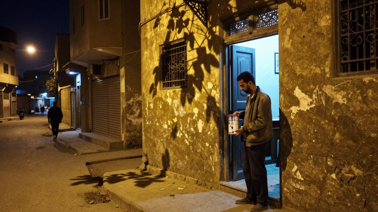 Nighttime Cairo Street Corner with Leaf Shadows and Local Activity in in Cairo, Egypt