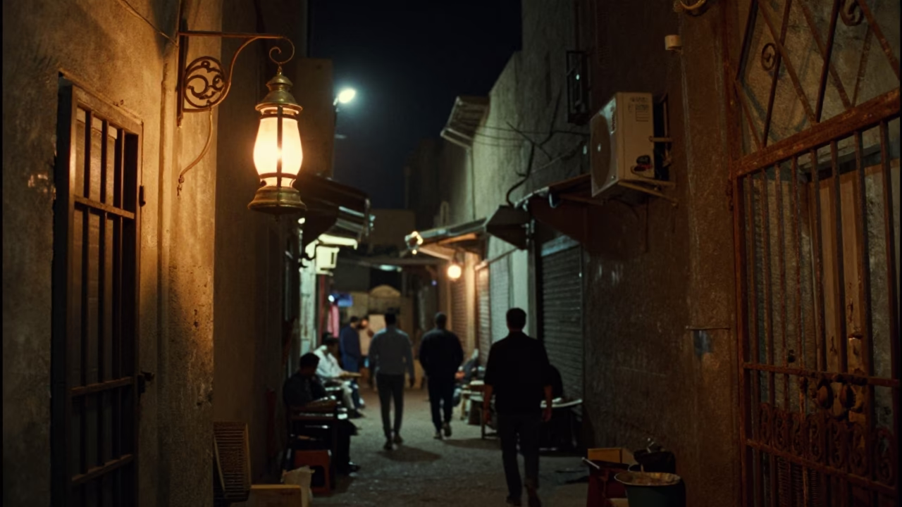 Nighttime Cairo Street Scene with Lantern Light and Warehouse Aisle Details in in Cairo, Egypt
