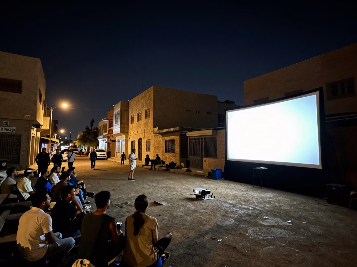 Nighttime Cairo Street Scene with Outdoor Cinema and Local Life in in Cairo, Egypt