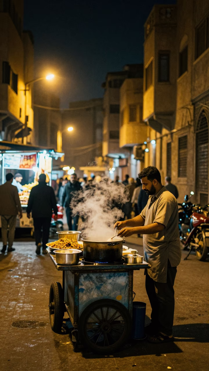 Nighttime Cairo Street Scene with Street Food Vendor and Busy Pedestrians in in Cairo, Egypt
