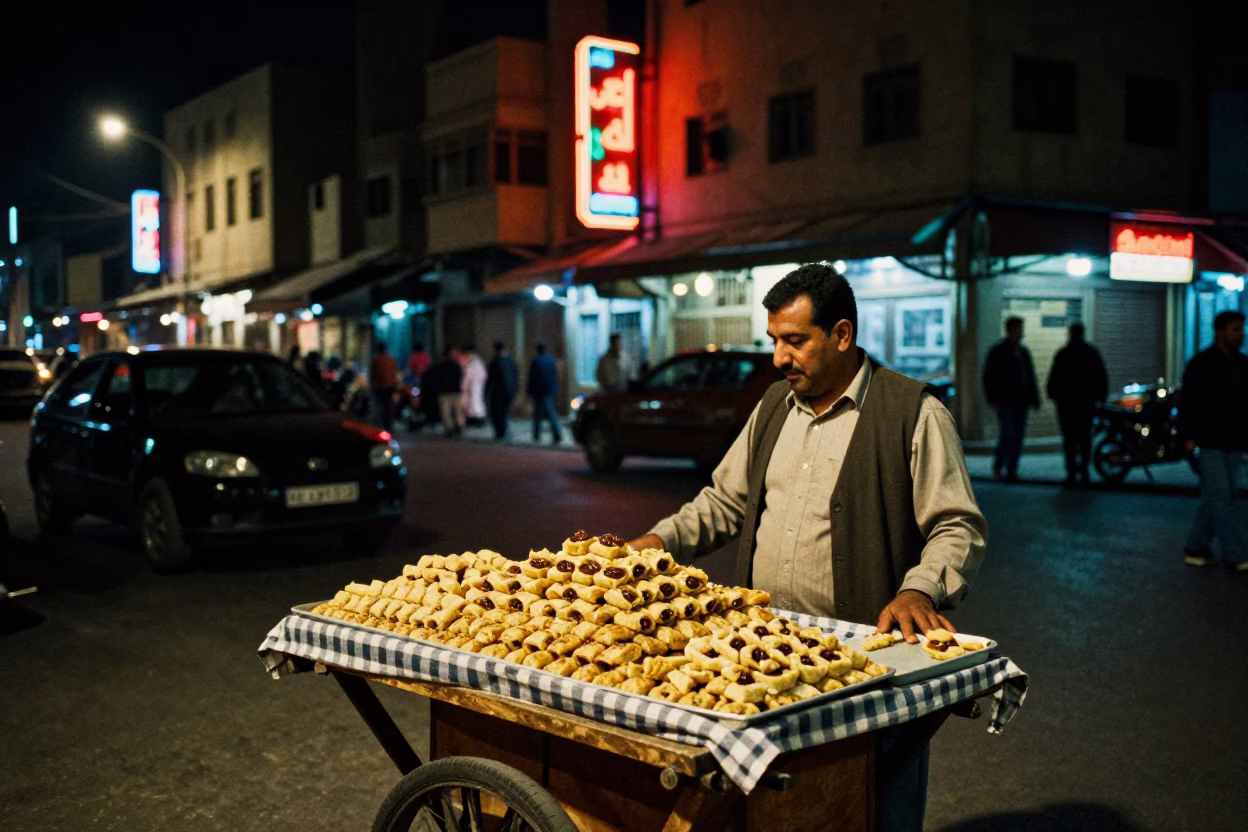 Nighttime Cairo Street Scene with Vintage Neon and Local Vendor in in Cairo, Egypt