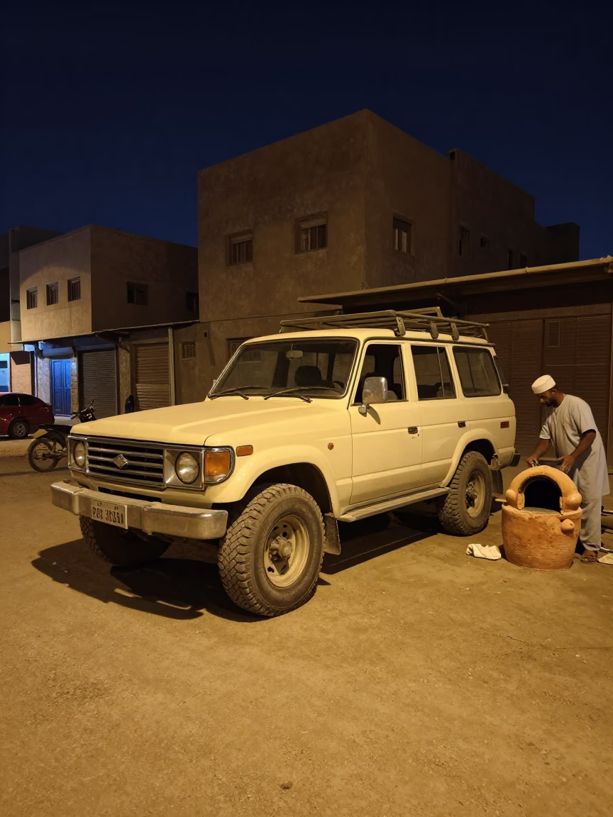 Nighttime Cairo Street Scene with Vintage SUV and Local Dining in in Cairo, Egypt