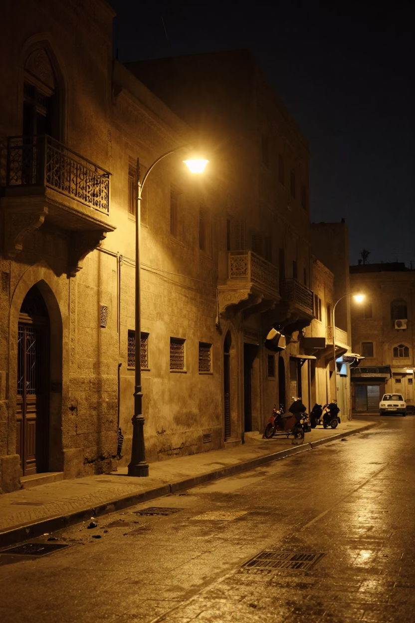 Nighttime Cairo Street Scene with Watering Bottle and Urban Architecture in in Cairo, Egypt