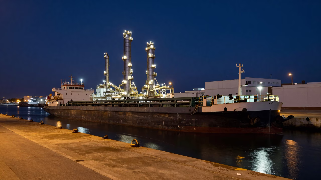 Nighttime Canal Barge Refinery Dock Scene in Tunis Tunisia Under Deep Sky in in Tunis, Tunisia