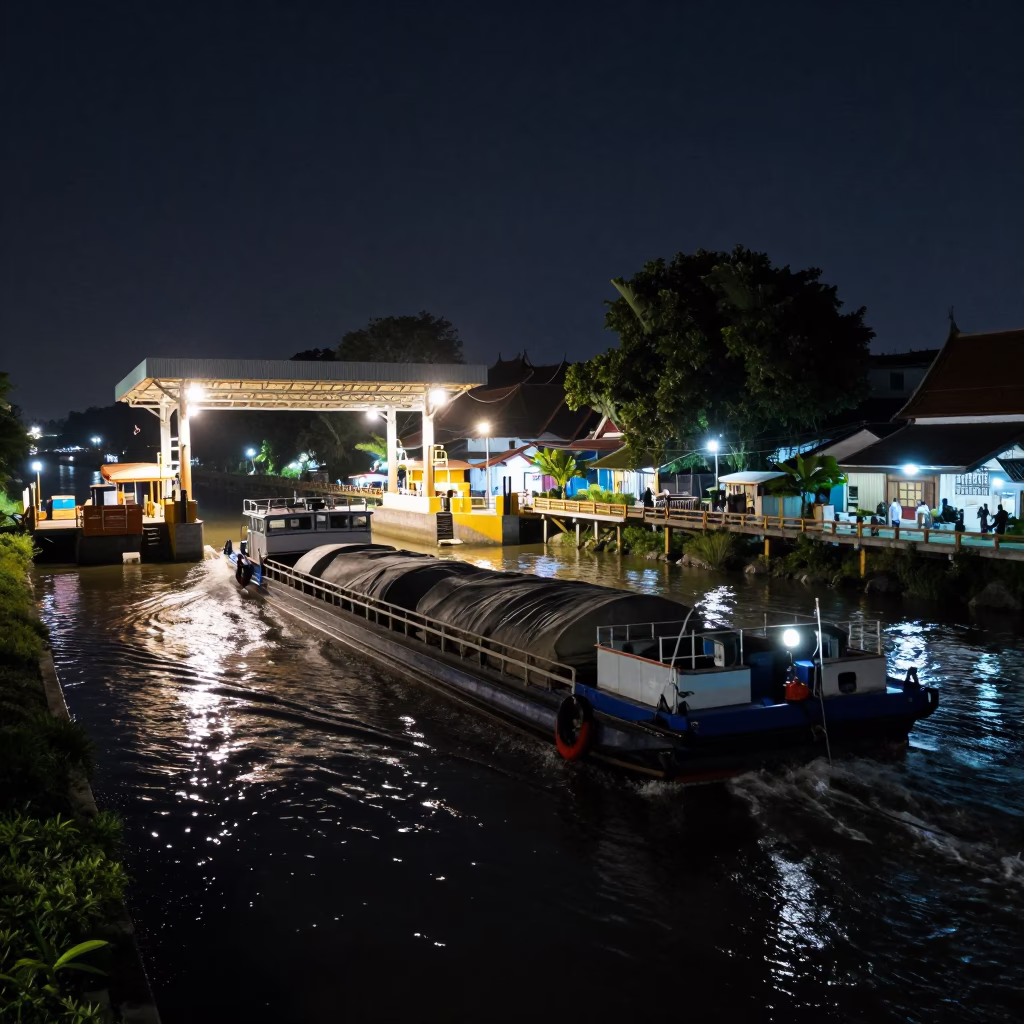 Nighttime canal barge transport and pumping station infrastructure in Chiang Mai Thailand in in Chiang Mai, Thailand