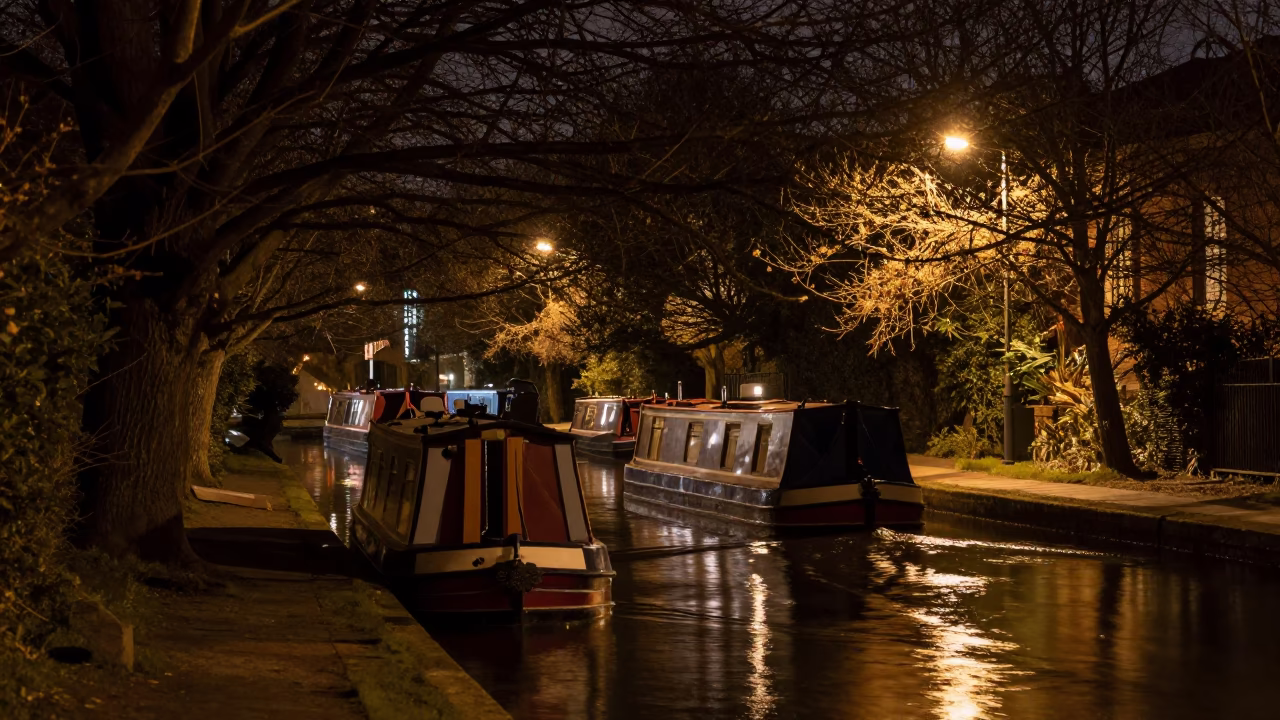 Nighttime Canal Scene in Bristol UK with Barge and Tree Lined Waterway in in Bristol, United Kingdom