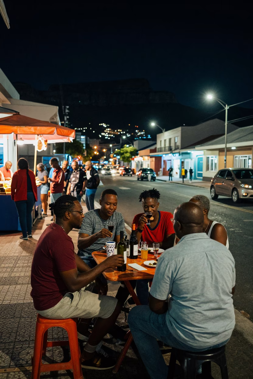 Nighttime Cape Town Street Scene with Local Food and Drinks in in Cape Town, South Africa