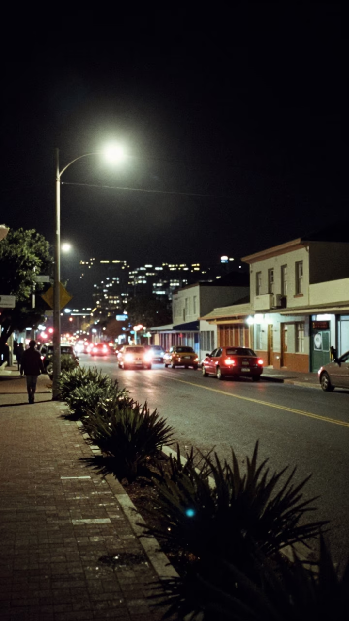 Nighttime Cape Town Street Scene with Smudged Lens and Urban Ambiance in in Cape Town, South Africa
