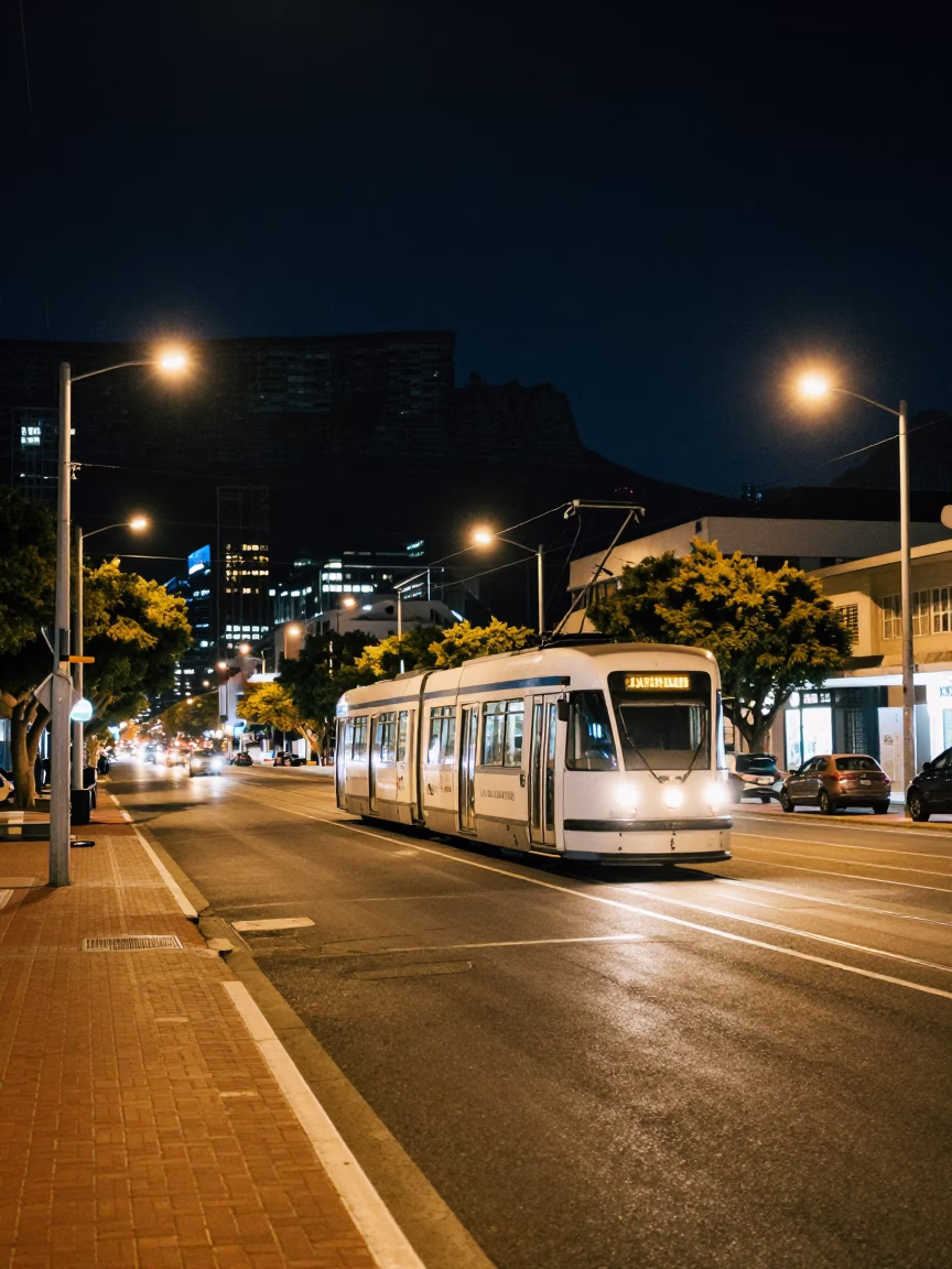 Nighttime Cape Town Street Scene with Tramcar and City Lights in in Cape Town, South Africa