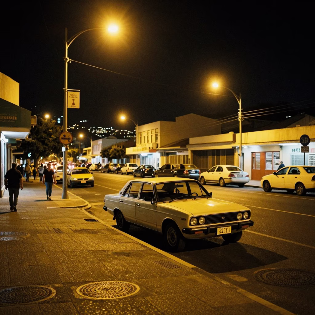 Nighttime Cape Town Street Scene with Vintage Car and Local Activity in in Cape Town, South Africa