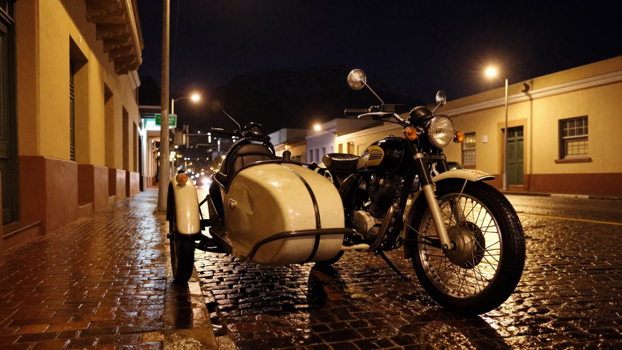 Nighttime Cape Town Street Scene with Vintage Motorcycle and Sidecar Parked Near Cobblestone Alley in in Cape Town, South Africa