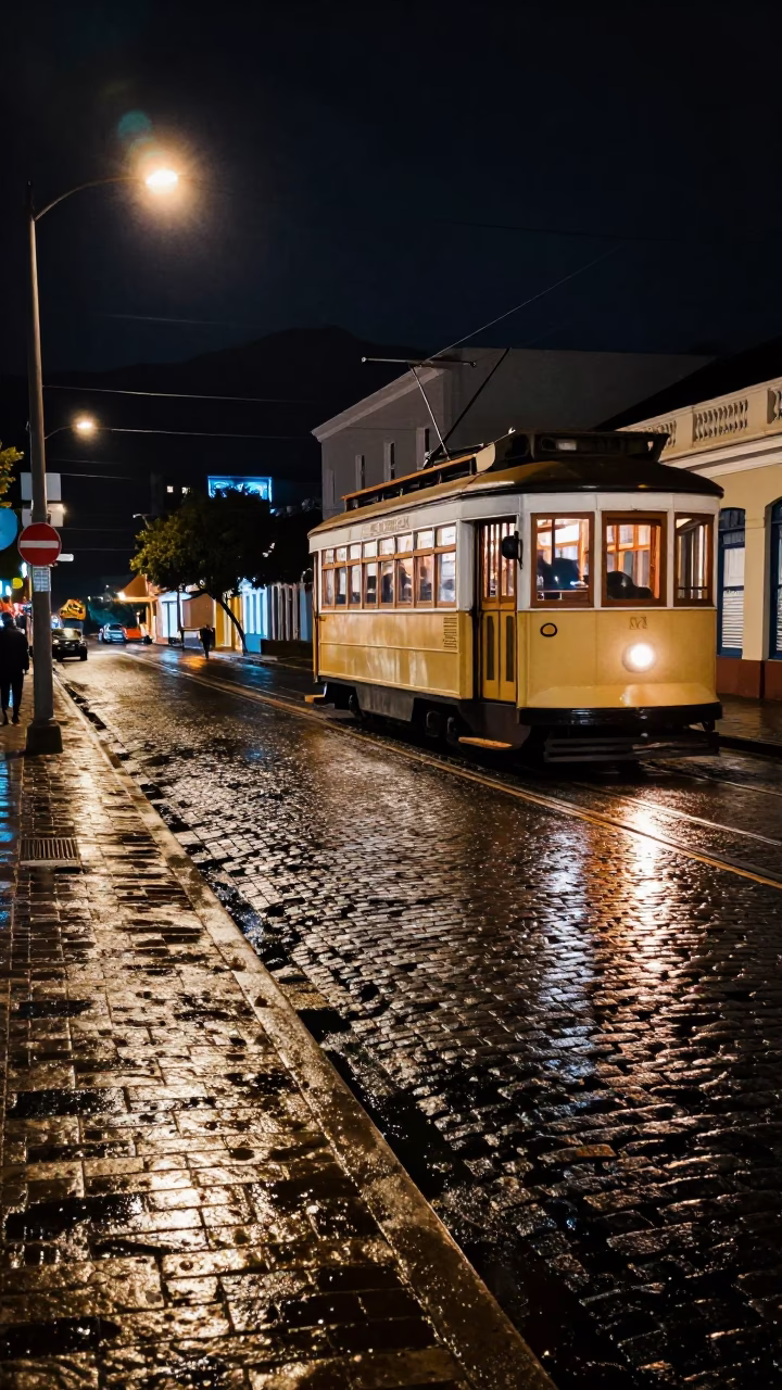 Nighttime Cape Town Street Scene with Wet Cobblestones and Vintage Tram Reflections in in Cape Town, South Africa