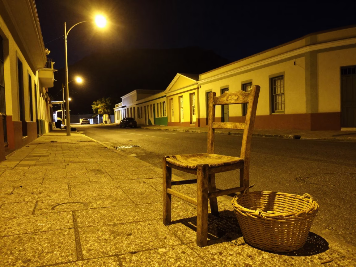 Nighttime Cape Town Street Scene with Wooden Chair and Basket Under Streetlight in in Cape Town, South Africa