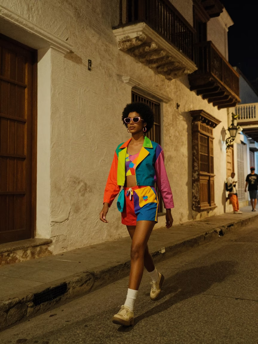 Nighttime Cartagena Colombia Street Fashion Model in Vivid 1980s Attire Walking Past Colonial Balconies in in Cartagena, Colombia