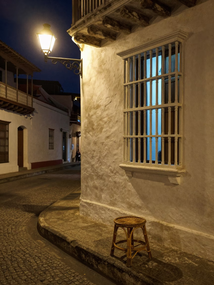 Nighttime Cartagena Colombia Street Scene with Rattan Stool and Window Light in in Cartagena, Colombia