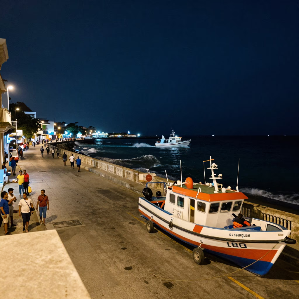 Nighttime Cartagena Colombia Street Scene with Rescue Boat and Local Life in in Cartagena, Colombia