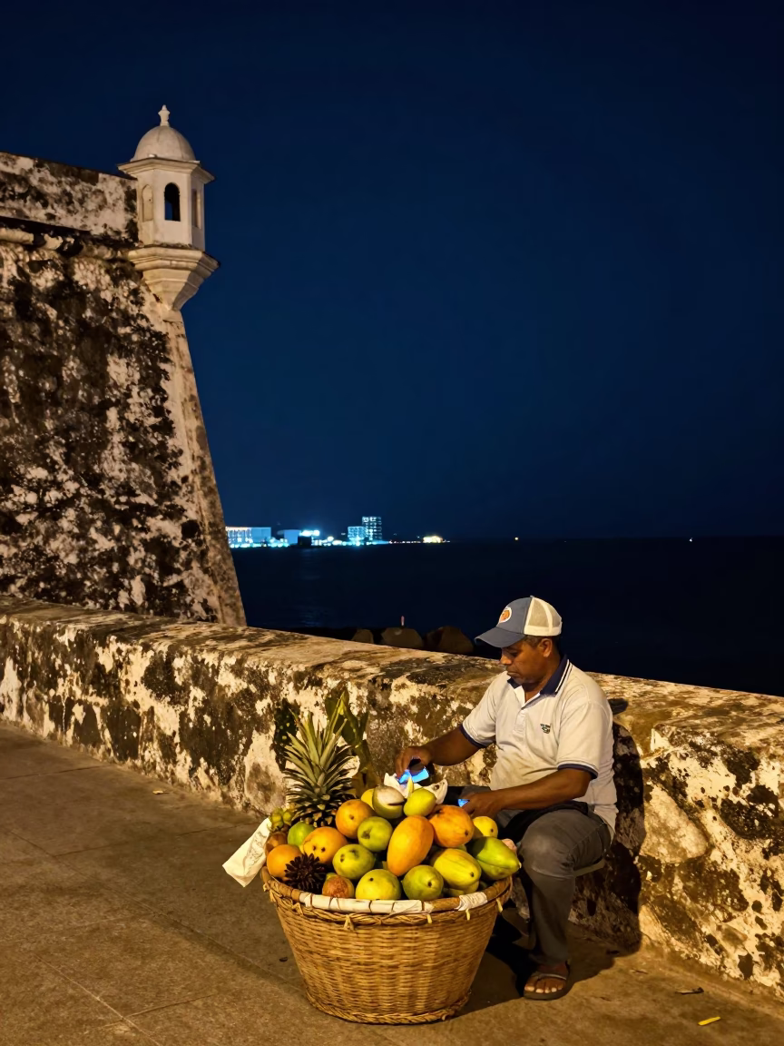 Nighttime Cartagena Colombia Street Scene with Vendor Basket and Harbor View in in Cartagena, Colombia