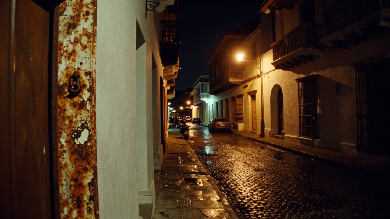 Nighttime Cartagena Street Scene with Rusty Hinge Details and Local Interaction in in Cartagena, Colombia