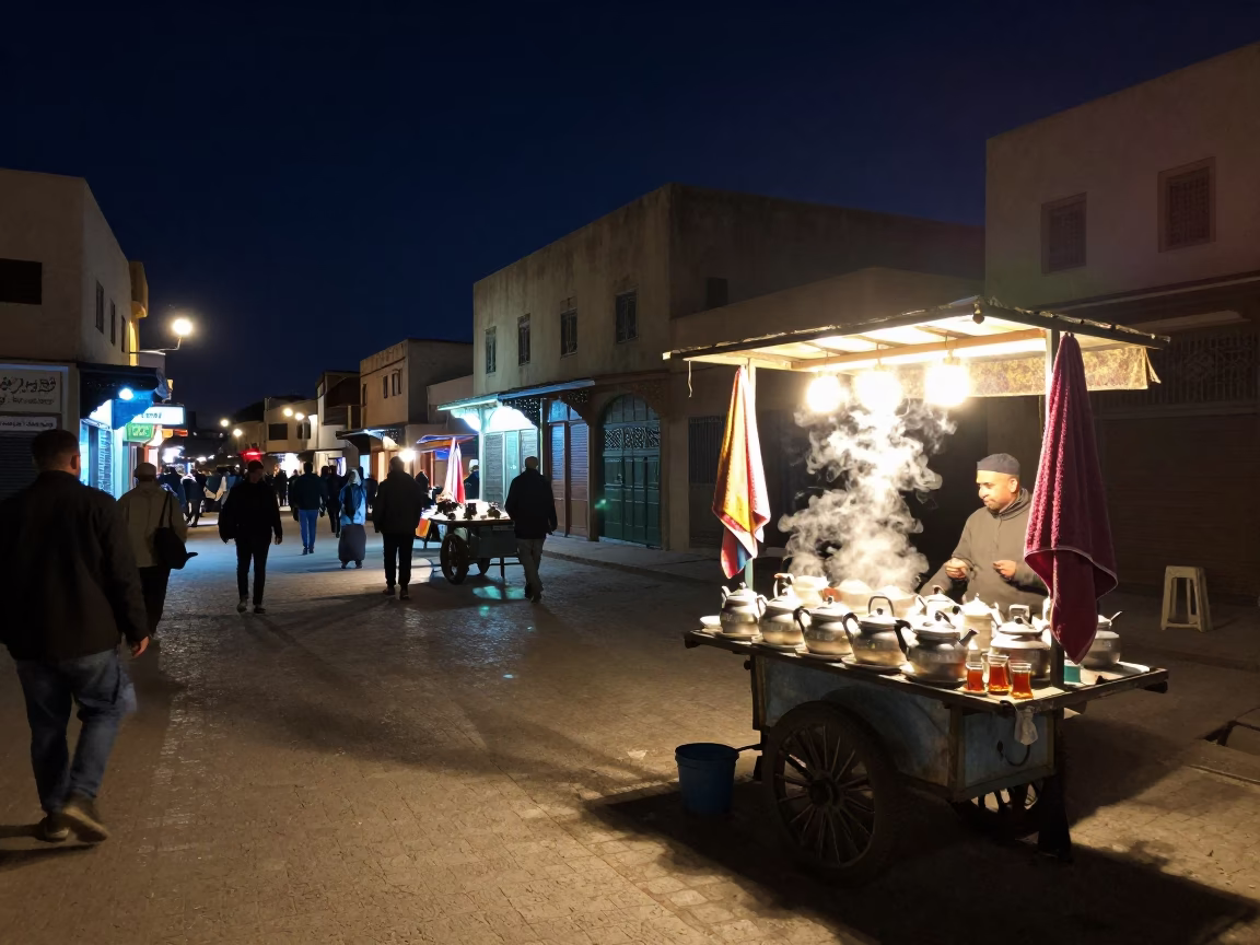 Nighttime Casablanca Street Scene with Drying Towels and Tea Kettles in in Casablanca, Morocco
