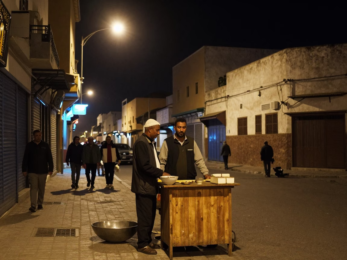 Nighttime Casablanca Street Scene with Key Bowl and Local Interaction in in Casablanca, Morocco