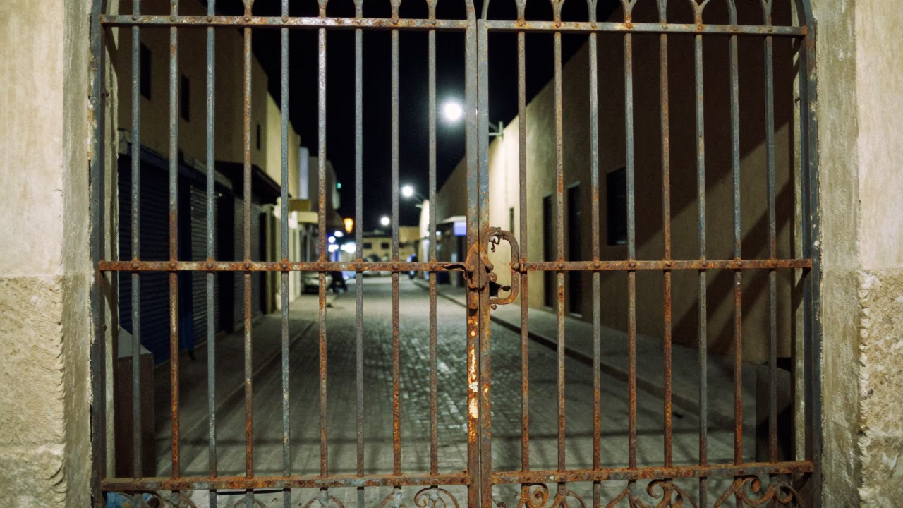 Nighttime Casablanca Street Scene with Rusty Metal Gate and Warm Streetlight Illumination in in Casablanca, Morocco