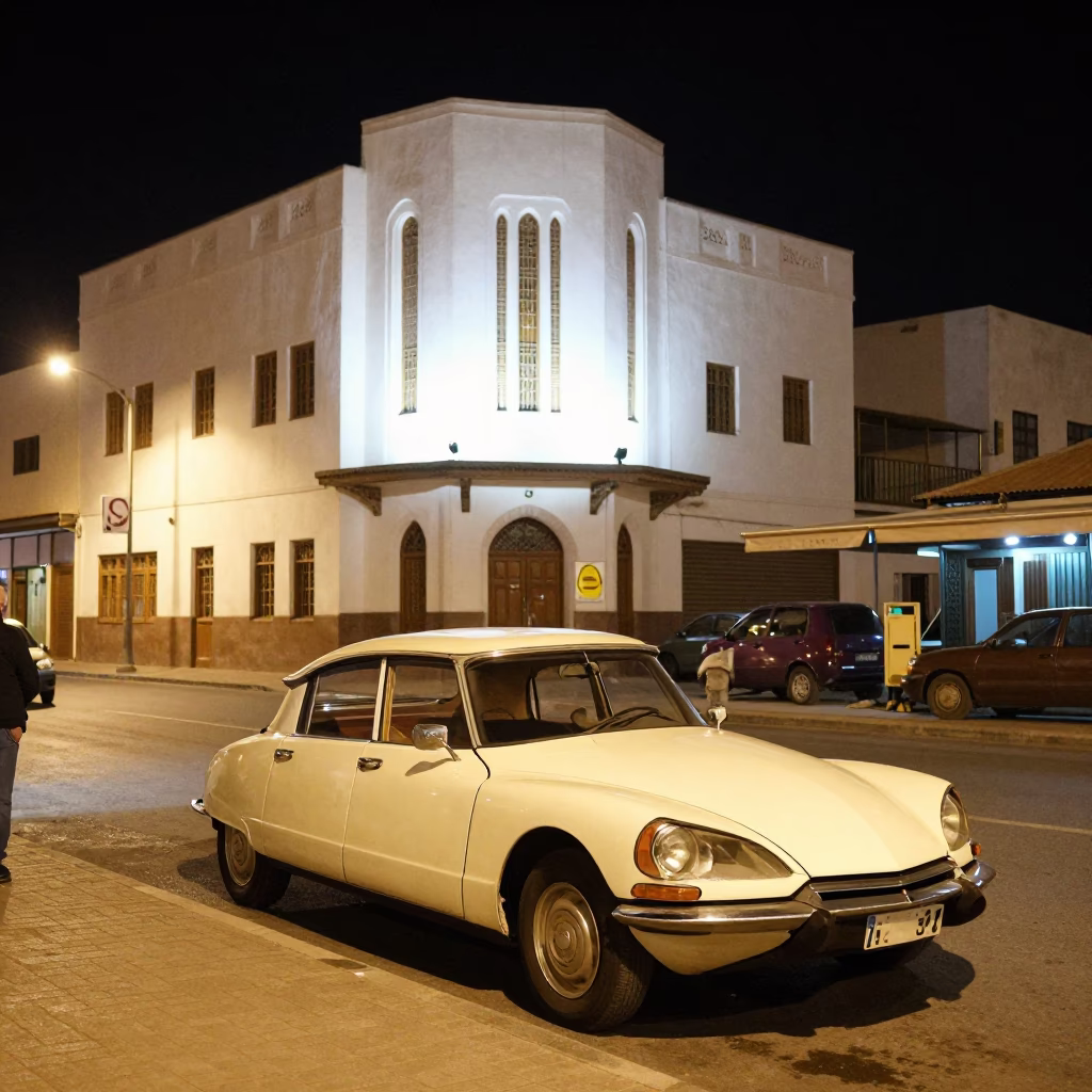 Nighttime Casablanca Street Scene with Vintage Car and Local Diner Interior in in Casablanca, Morocco