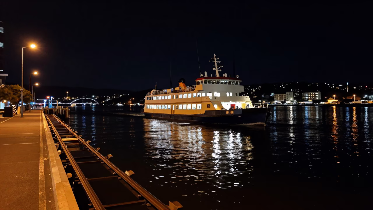 Nighttime Chain Ferry Crossing Derwent River in Hobart Tasmania Under Streetlights in in Hobart, Tasmania, Australia