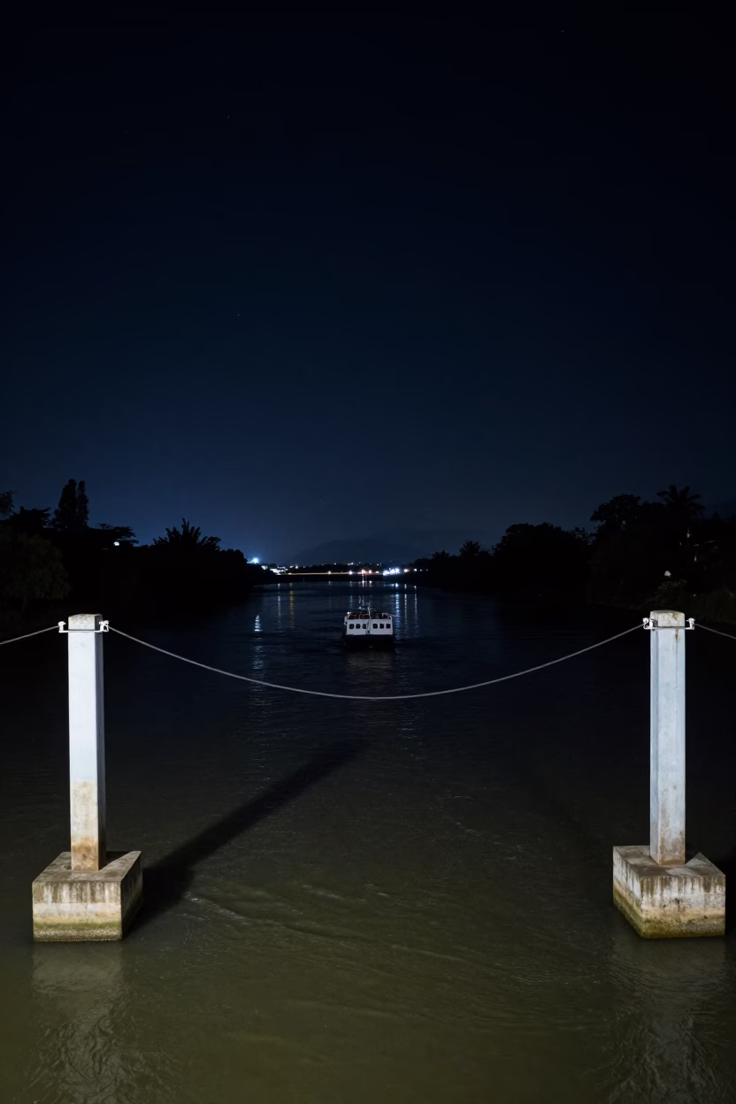 Nighttime Chain Ferry Crossing Rio Magdalena in Medellin Colombia Under Deep Sky in in Medellin, Colombia