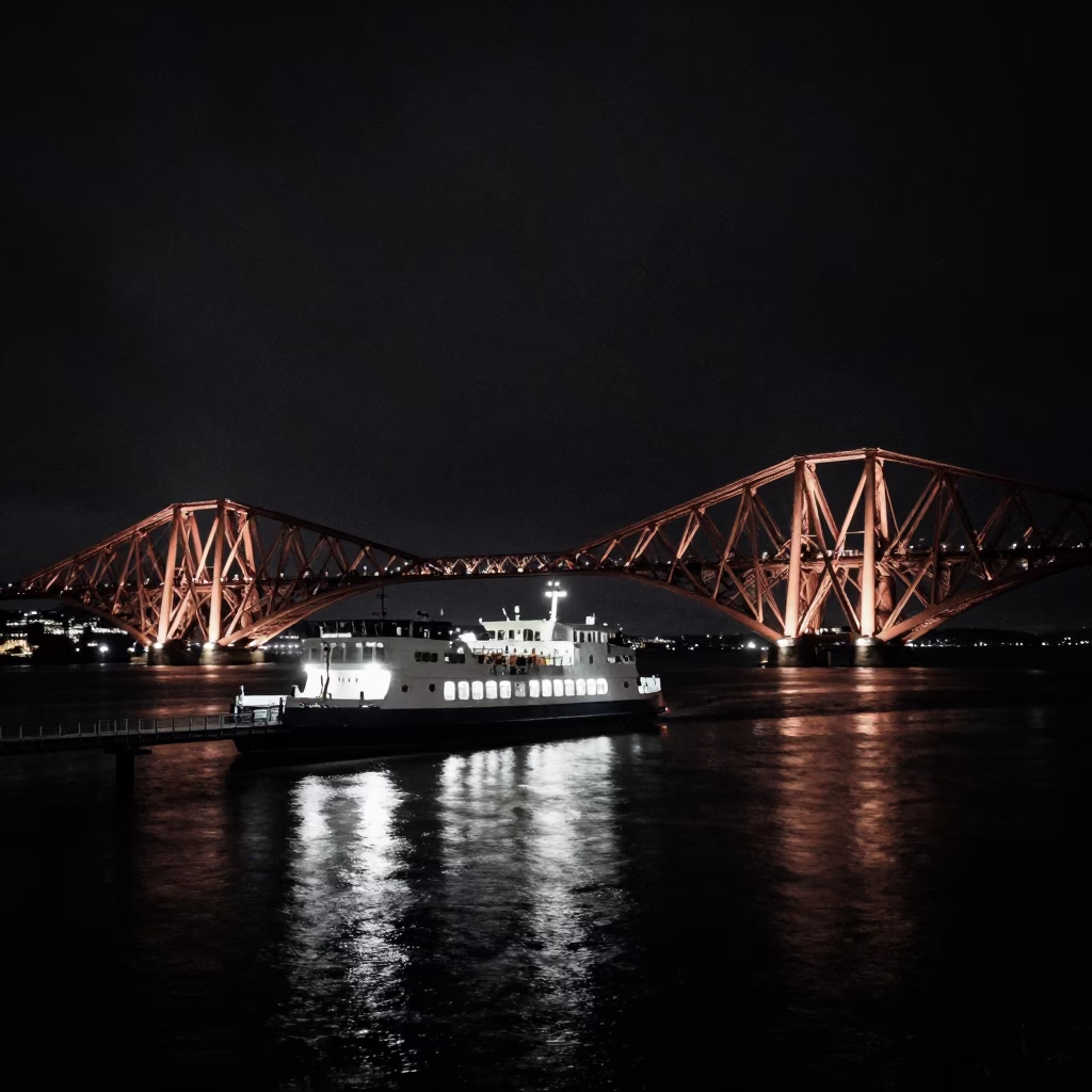 Nighttime Chain Ferry Crossing River Forth in Edinburgh Under Deep Sky in in Edinburgh, United Kingdom