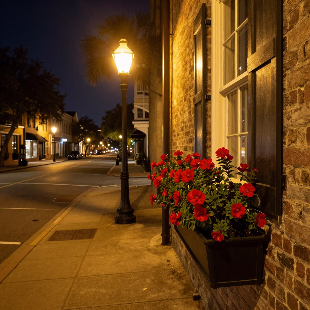 Nighttime Charleston South Carolina Street Scene with Flowering Plant and Urban Architecture in in Charleston, South Carolina, United States