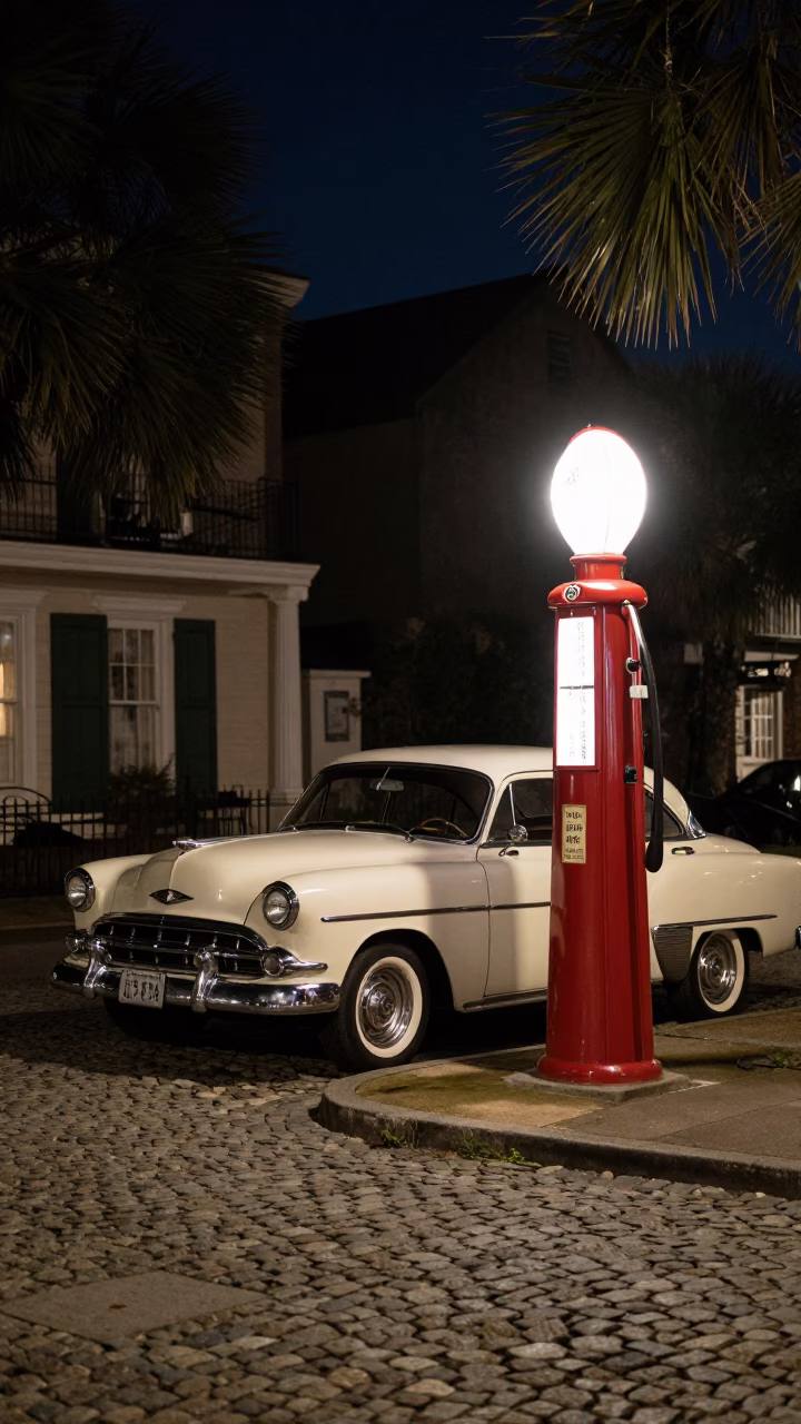 Nighttime Charleston Street Corner with Vintage Car and Gas Station Lamp in in Charleston, South Carolina, United States
