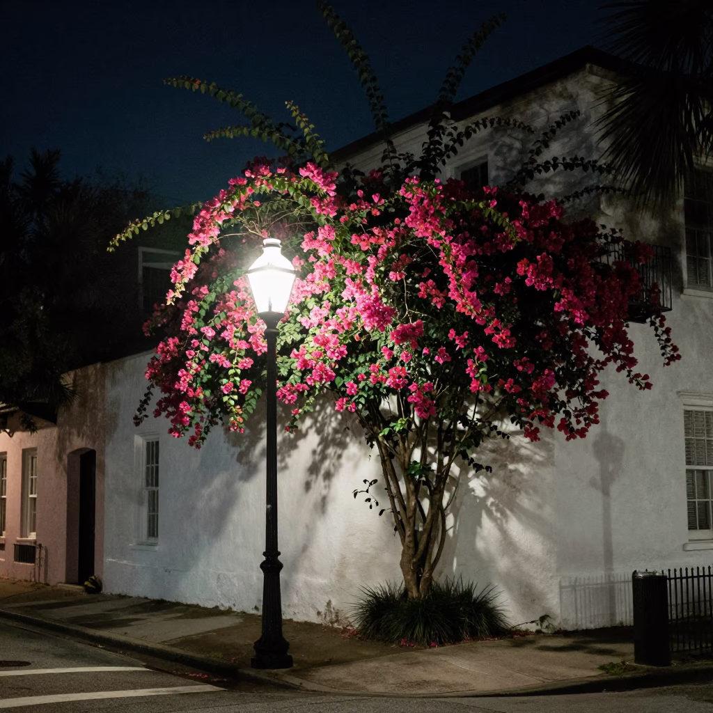 Nighttime Charleston Street Scene with Bougainvillea and Historic Architecture in in Charleston, South Carolina, United States