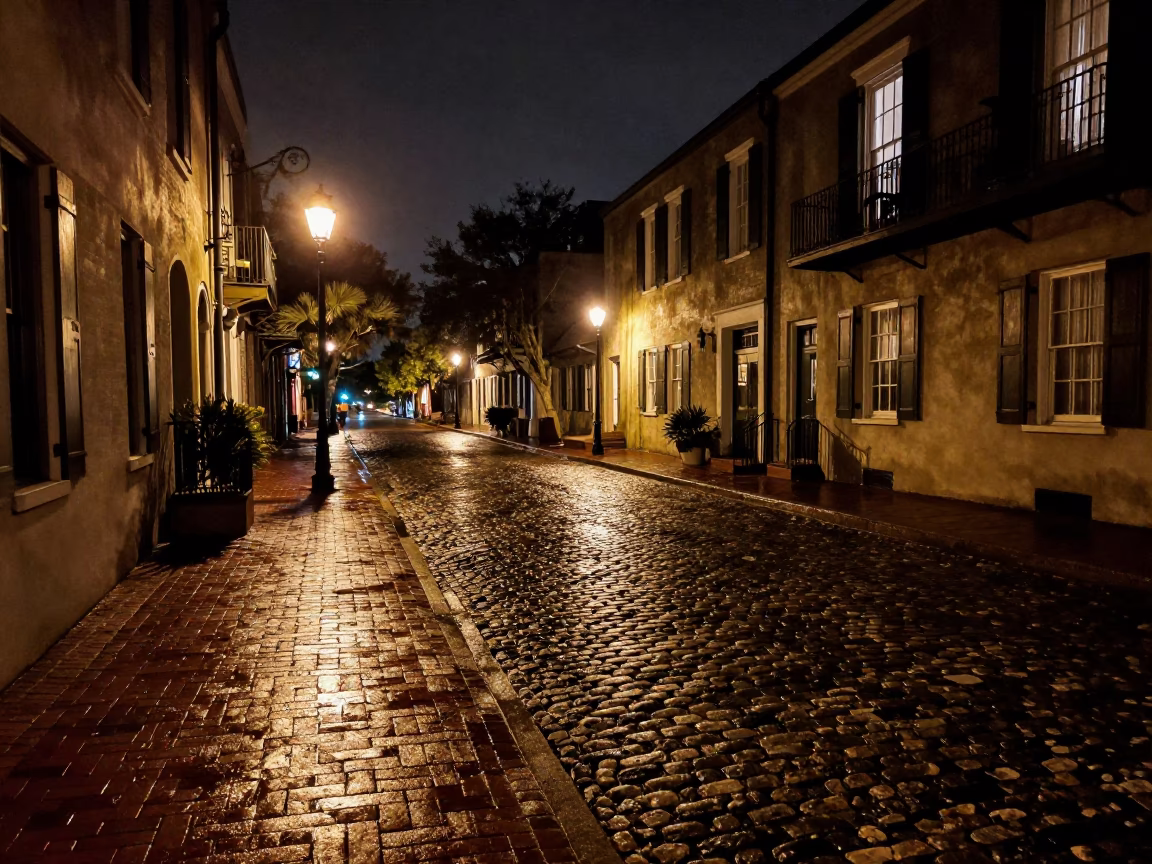 Nighttime Charleston Street Scene with Brick Sidewalk and Vintage Car in in Charleston, South Carolina, United States