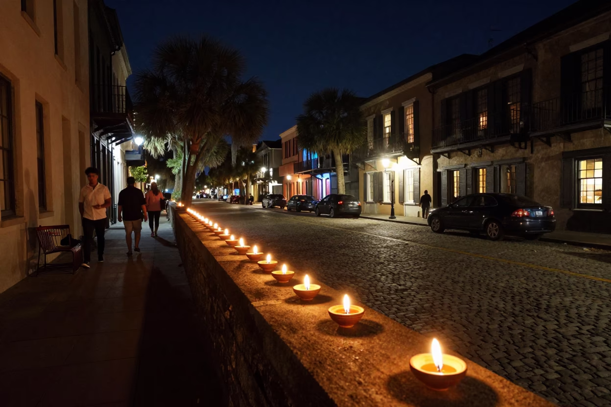 Nighttime Charleston Street Scene with Diwali Oil Lamps and Local Architecture in in Charleston, South Carolina, United States