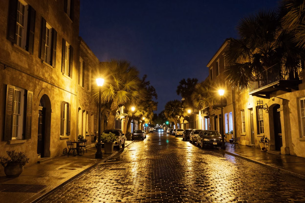Nighttime Charleston Street Scene with Historic Architecture and Urban Activity in in Charleston, South Carolina, United States