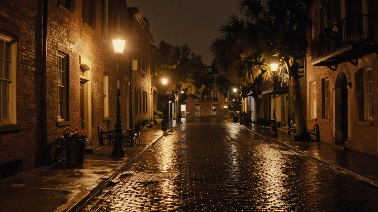 Nighttime Charleston Street Scene with Historic Brick and Gas Lantern in in Charleston, South Carolina, United States
