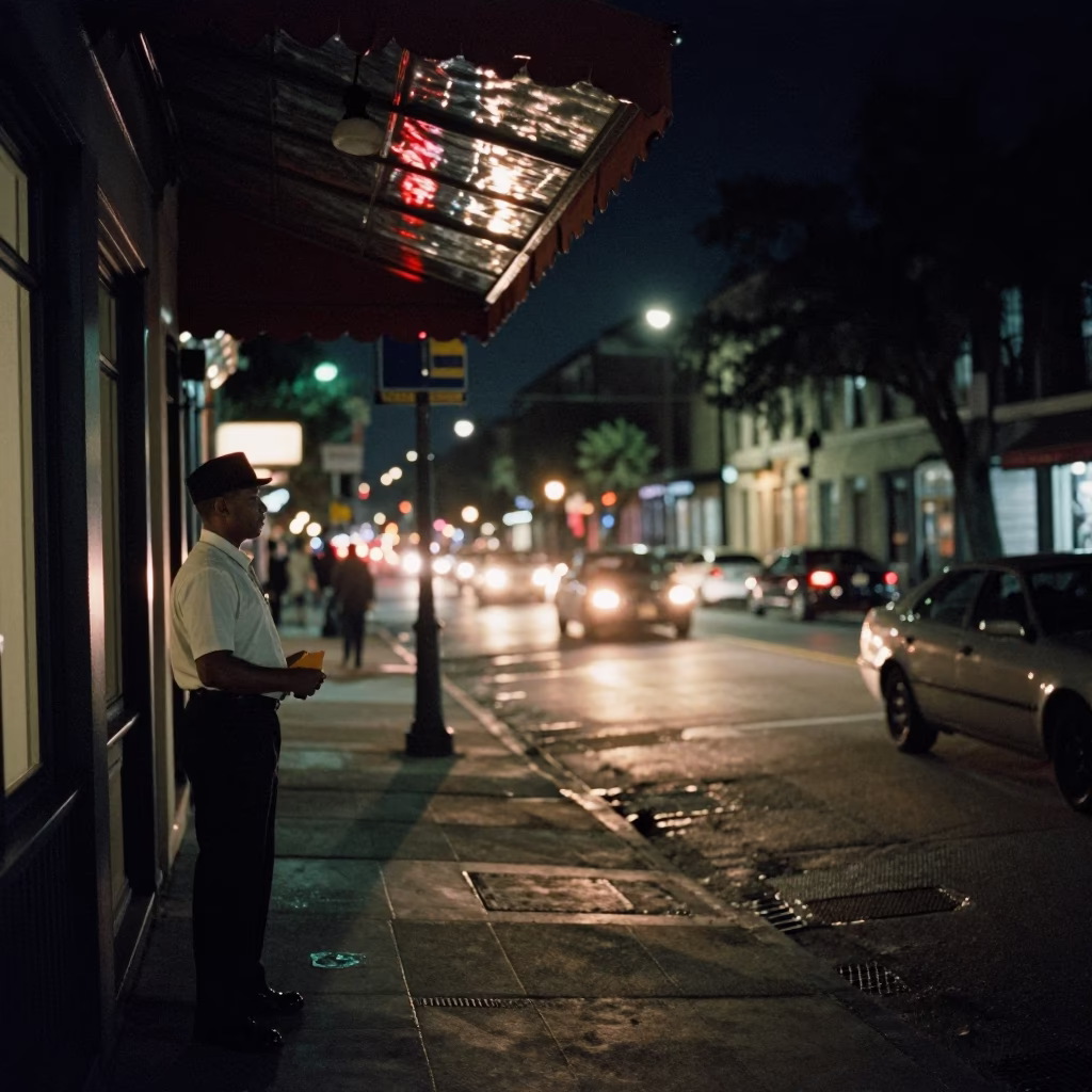 Nighttime Charleston Street Scene with Hotel Awning Reflections and Busy Urban Atmosphere in in Charleston, South Carolina, United States