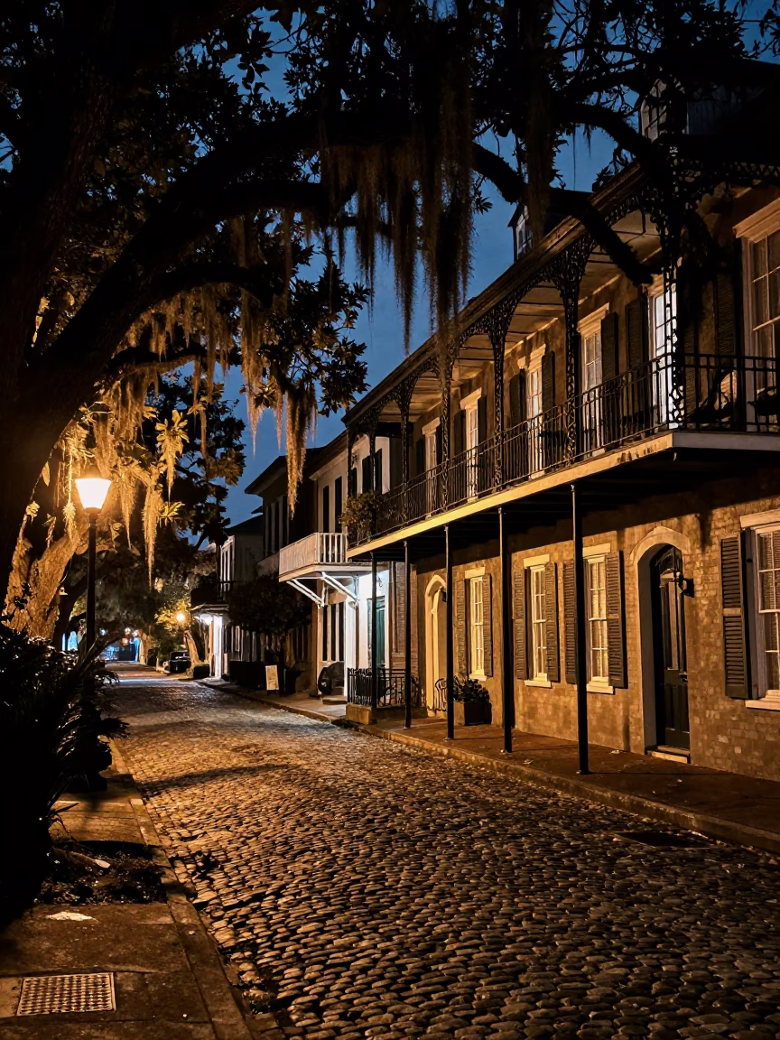 Nighttime Charleston Street Scene with Spanish Moss and Historic Architecture in in Charleston, South Carolina, United States