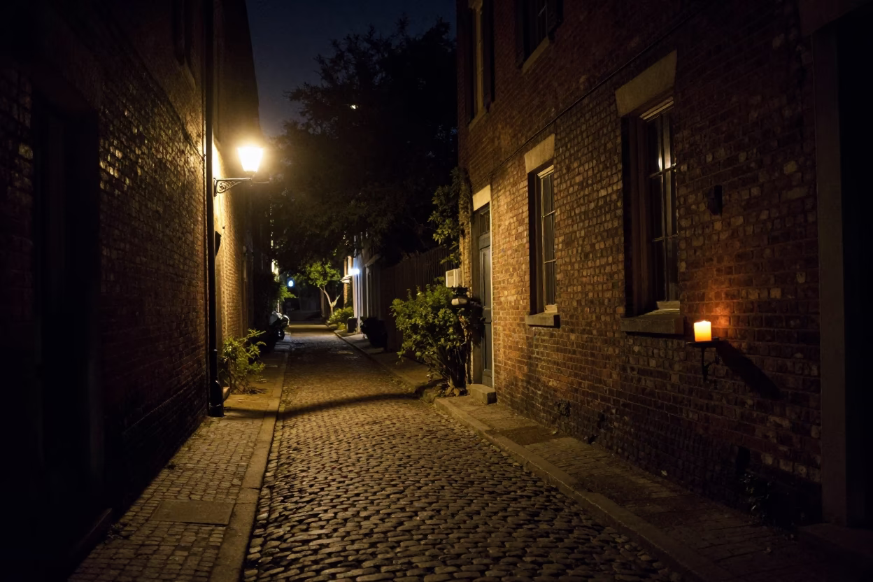 Nighttime Charleston Street Scene with Taper Candle on Historic Porch Railing in in Charleston, South Carolina, United States
