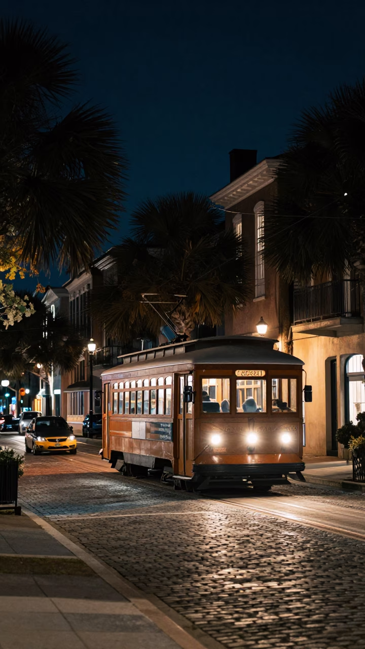 Nighttime Charleston Street Scene with Tram and Historic Architecture in in Charleston, South Carolina, United States